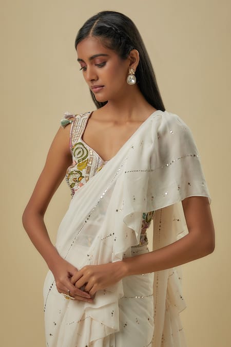 Buy_Payal Singhal_Off White Georgette Embroidery, Beads, Mukaish Pre-draped Saree With Blouse _Online_at_Aza_Fashions