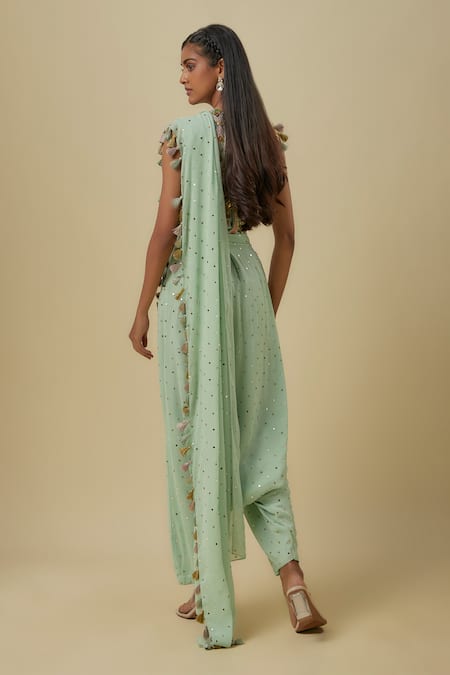Payal Singhal Mint Green Embroidered Blouse & Dhoti Saree 