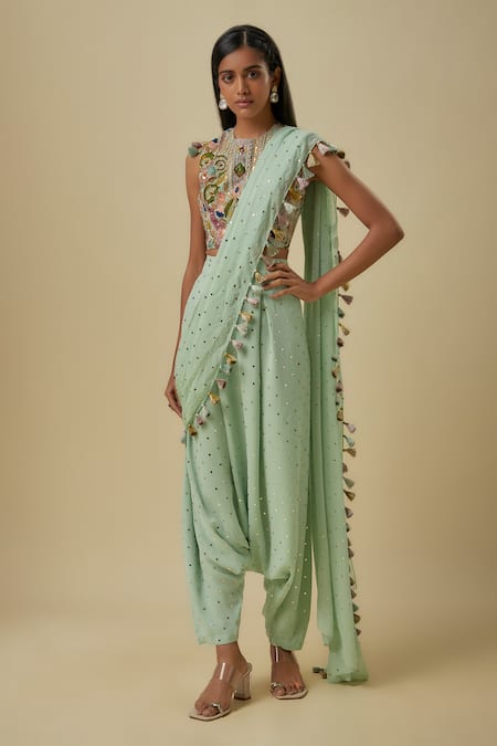Payal Singhal Mint Green Embroidered Blouse & Dhoti Saree 