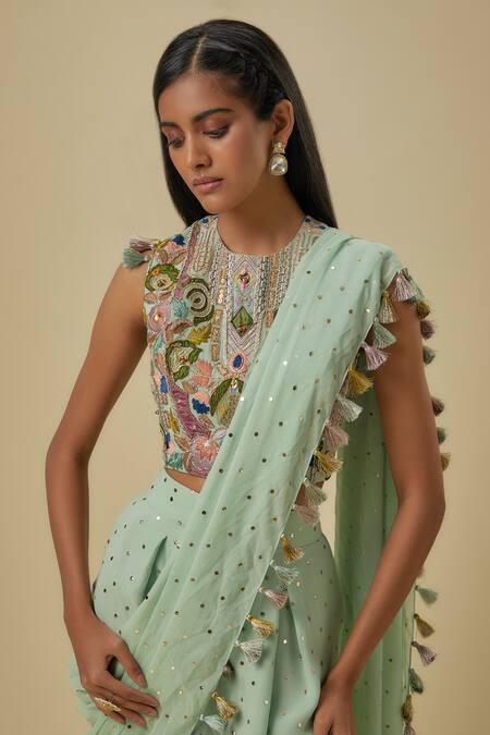 Payal Singhal_Mint Georgette Tassels Round Neck Green Embroidered Blouse And Dhoti Saree _Online_at_Aza_Fashions