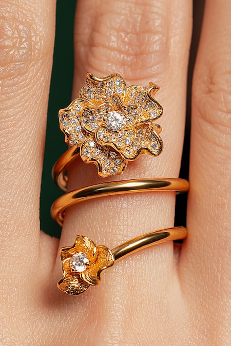 Shop_Opalina Soulful Jewellery_Gold Plated Imitation Diamonds Floral Design Ring _at_Aza_Fashions