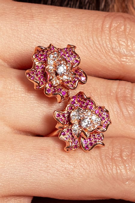 Shop Opalina Soulful Jewellery Rose Gold Diamonds, Stones Amor Designer Ring at Aza Fashions Shop_Opalina Soulful Jewellery_Rose Gold Diamonds, Stones Amor Designer Ring _at_Aza_Fashions