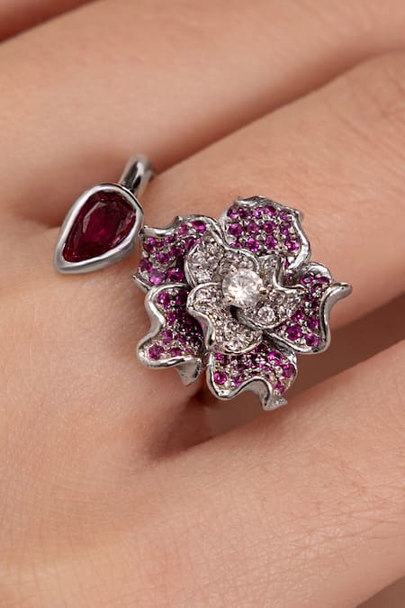 Shop_Opalina Soulful Jewellery_Silver Plated Diamonds, Stones Rosalyn Designer Ring _at_Aza_Fashions