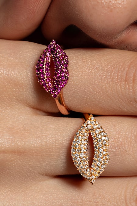 Shop_Opalina Soulful Jewellery_Gold Plated Imitation Diamonds Lipella Designer Ring _at_Aza_Fashions