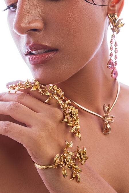 Opalina Soulful Jewellery_Gold Plated Imitation Diamonds Blossom Hand Harness In 22k Rose _Online_at_Aza_Fashions