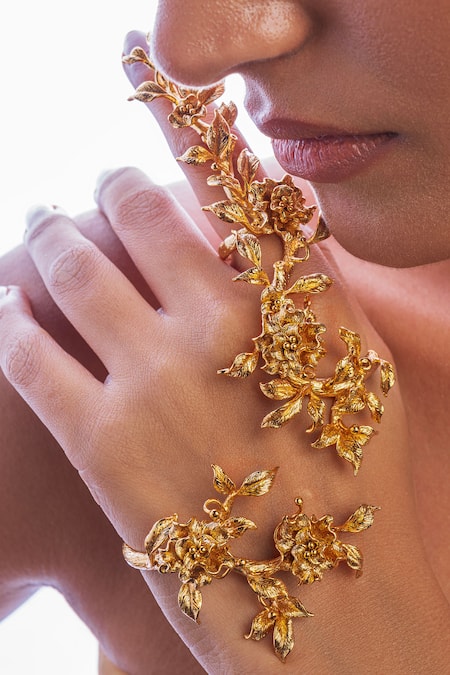 Shop_Opalina Soulful Jewellery_Gold Plated Imitation Diamonds Blossom Hand Harness In 22k Rose _at_Aza_Fashions