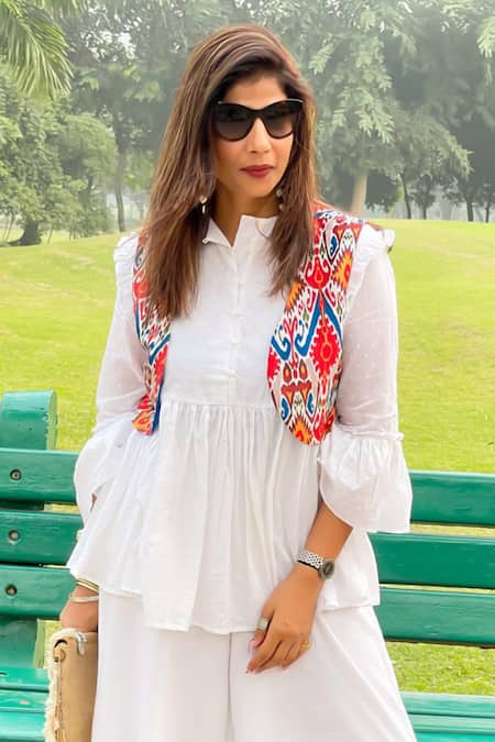 Monk & Mei By Sonia Anand White Cotton Designer Pant Set