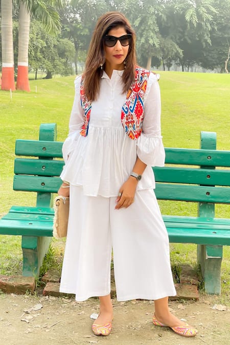 MONK & MEI BY SONIA ANAND White Cotton Designer Pant Set 