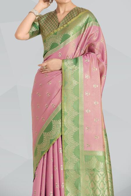 Naintara Bajaj_Mauve Embroidery, Zari V-neck Pink Banarasi Tissue Silk Saree _Online_at_Aza_Fashions
