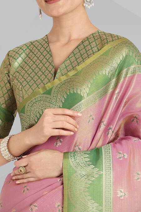 Shop_Naintara Bajaj_Mauve Embroidery, Zari V-neck Pink Banarasi Tissue Silk Saree _Online_at_Aza_Fashions