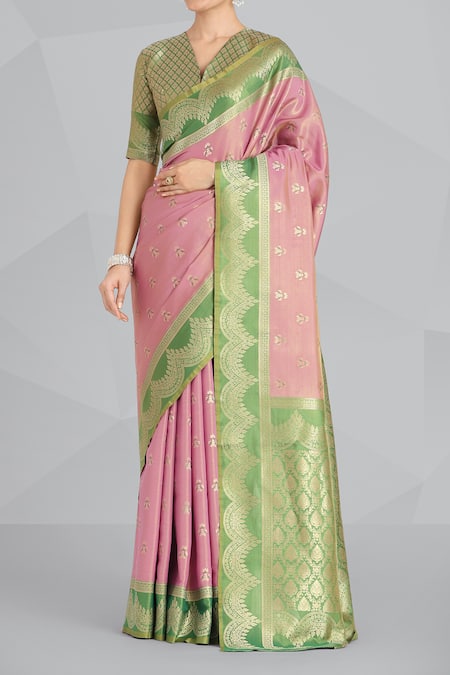 Shop_Naintara Bajaj_Mauve Embroidery, Zari V-neck Pink Banarasi Tissue Silk Saree 