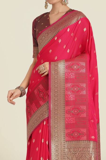 Buy_Naintara Bajaj_Pink Embroidery, Zari V-neck Banarasi Silk Saree Set _Online_at_Aza_Fashions