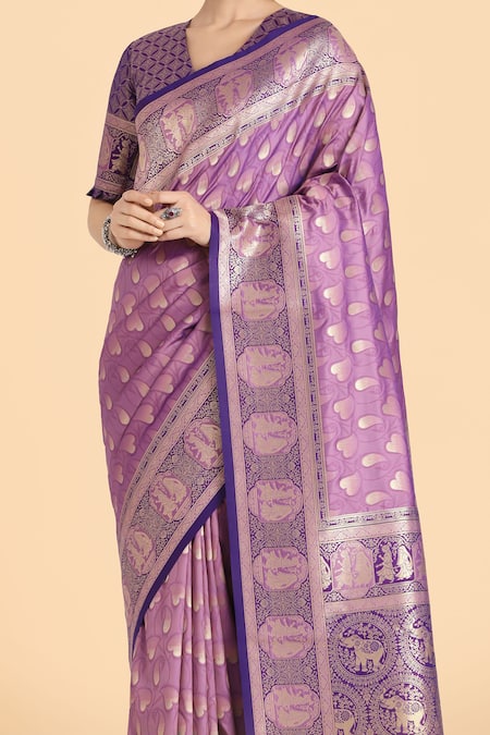 Naintara Bajaj_Lavender Zari V-neck Banarasi Silk Saree Set _Online_at_Aza_Fashions