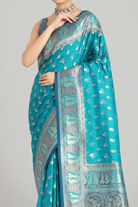 Naintara Bajaj_Turquoise Brocade, Silk Zari Square Neck Turquiose Blue Banarasi Saree And Blouse _Online_at_Aza_Fashions