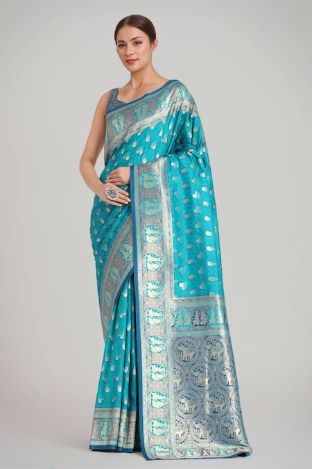 Samyukta Singhania Turquoise Brocade, Silk Zari Square Neck Turquiose Blue Banarasi Saree And Blouse 