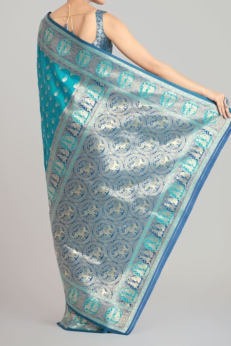 Shop_Naintara Bajaj_Turquoise Brocade, Silk Zari Square Neck Turquiose Blue Banarasi Saree And Blouse _at_Aza_Fashions