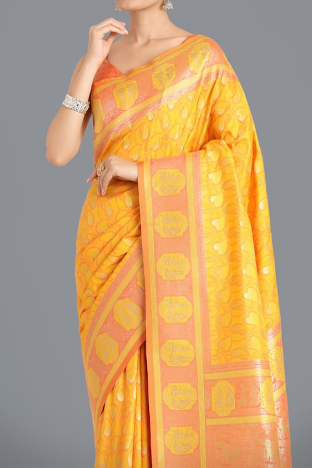 Shop Naintara Bajaj Yellow Round Neck Banarasi Silk Saree Set Online at Aza Fashions Shop_Naintara Bajaj_Yellow Round Neck Banarasi Silk Saree Set _Online_at_Aza_Fashions