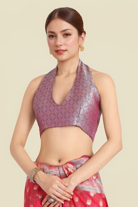 Naintara Bajaj Pink Zari Halter Neck Banarasi Silk Saree Set Online at Aza Fashions Naintara Bajaj_Pink Zari Halter Neck Banarasi Silk Saree Set _Online_at_Aza_Fashions