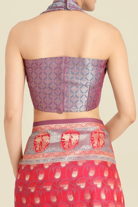 Shop Naintara Bajaj Pink Zari Halter Neck Banarasi Silk Saree Set Online at Aza Fashions Shop_Naintara Bajaj_Pink Zari Halter Neck Banarasi Silk Saree Set _Online_at_Aza_Fashions