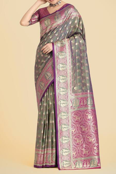 Naintara Bajaj Olive Green Zari, Embroidery V-neck Banarasi Silk Saree Set Online at Aza Fashions Naintara Bajaj_Olive Green Zari, Embroidery V-neck Banarasi Silk Saree Set _Online_at_Aza_Fashions