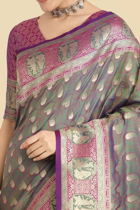 Naintara Bajaj Olive Green Zari, Embroidery V-neck Banarasi Silk Saree Set at Aza Fashions Naintara Bajaj_Olive Green Zari, Embroidery V-neck Banarasi Silk Saree Set _at_Aza_Fashions