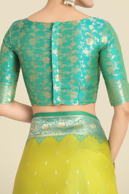 Shop_Naintara Bajaj_Green Zari, Embroidery Round Neck Parrot Banarasi Silk Saree Set _Online_at_Aza_Fashions