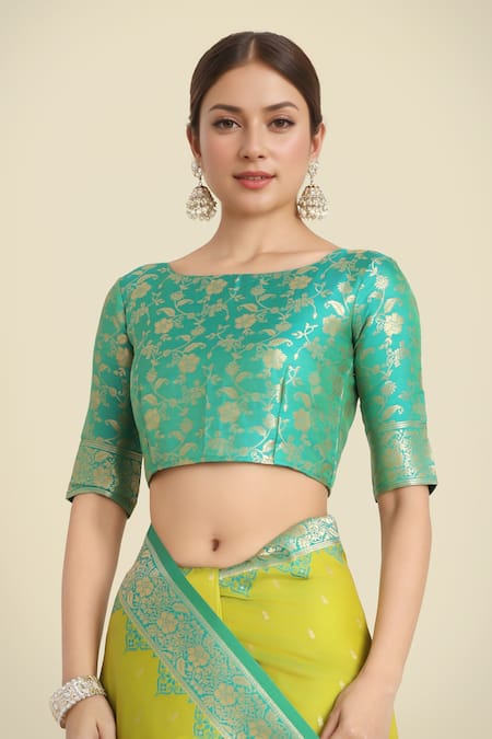 Naintara Bajaj_Green Zari, Embroidery Round Neck Parrot Banarasi Silk Saree Set _at_Aza_Fashions