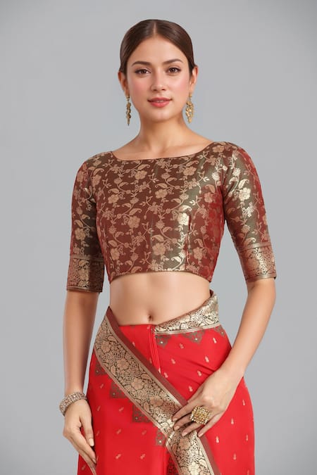 Naintara Bajaj_Red Brocade, Silk Embroidery Round Neck Banarasi Saree Set _Online_at_Aza_Fashions