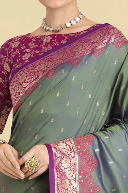 Naintara Bajaj_Olive Green Zari, Embroidery Round Neck Banarasi Silk Saree Set _Online_at_Aza_Fashions