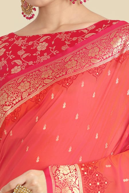 Buy_Naintara Bajaj_Coral Embroidery, Zari Round Neck Pink Banarasi Silk Saree Set _Online_at_Aza_Fashions