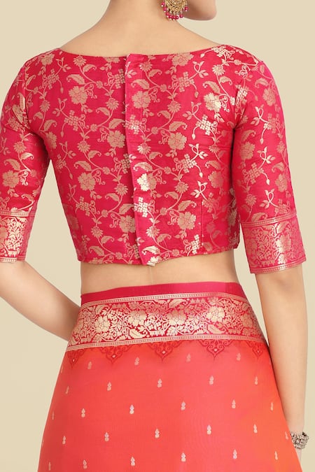 Shop_Naintara Bajaj_Coral Embroidery, Zari Round Neck Pink Banarasi Silk Saree Set _Online_at_Aza_Fashions