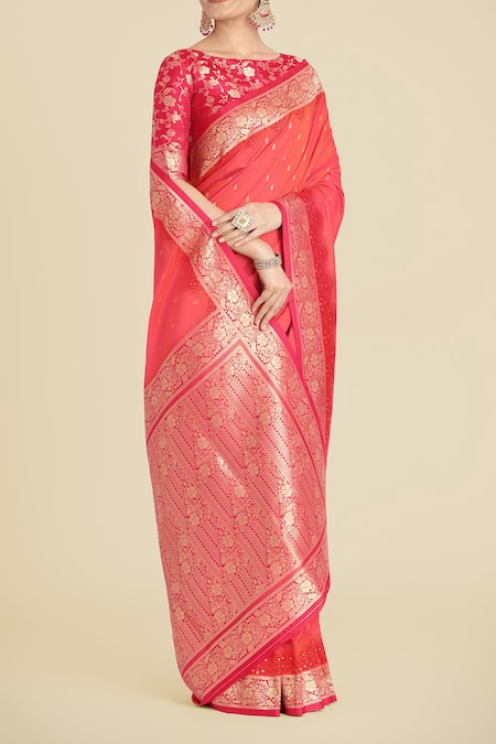 Naintara Bajaj_Coral Embroidery, Zari Round Neck Pink Banarasi Silk Saree Set _at_Aza_Fashions
