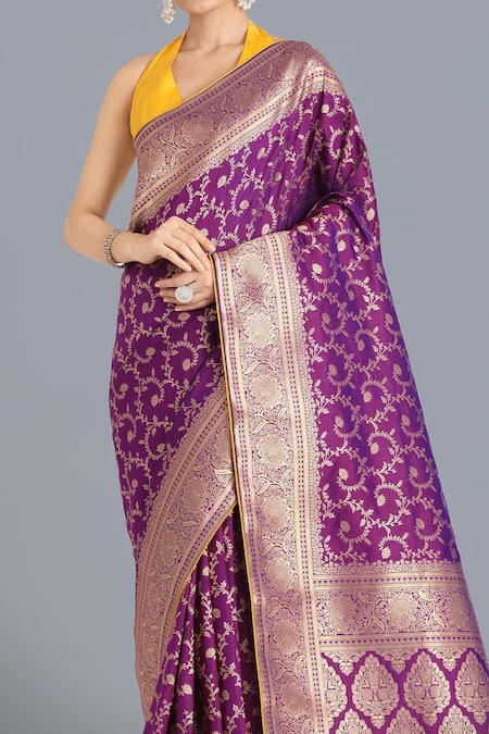 Naintara Bajaj Purple Zari Halter Neck Banarasi Silk Saree And Blouse Set Online at Aza Fashions Naintara Bajaj_Purple Zari Halter Neck Banarasi Silk Saree And Blouse Set _Online_at_Aza_Fashions