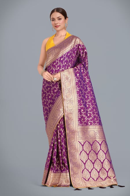 Samyukta Singhania Purple Zari Halter Neck Banarasi Silk Saree And Blouse Set 