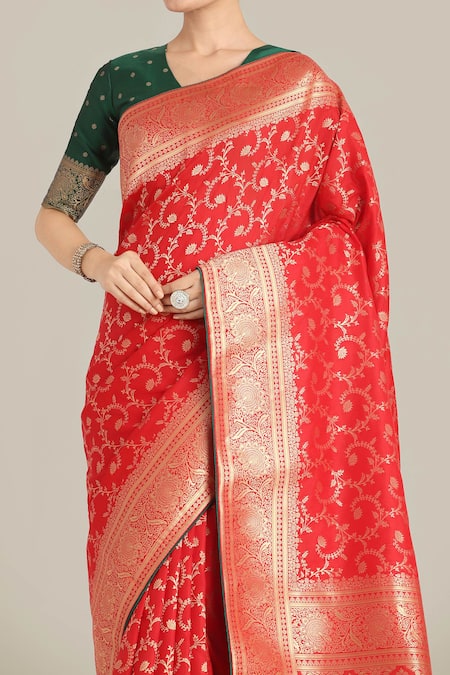 Shop Naintara Bajaj Red Brocade, Silk Tassels V-neck Banarasi Saree And Blouse Set Online at Aza Fashions Shop_Naintara Bajaj_Red Brocade, Silk Tassels V-neck Banarasi Saree And Blouse Set _Online_at_Aza_Fashions