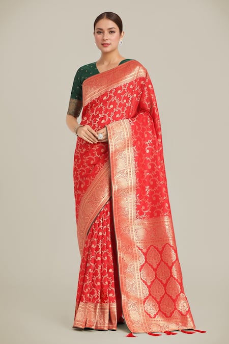 Samyukta Singhania Red Brocade, Silk Tassels V-neck Banarasi Saree And Blouse Set 