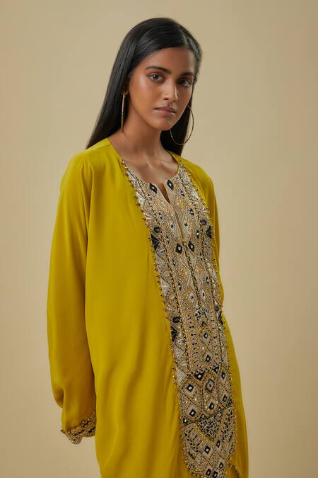 Buy_Payal Singhal_Olive Green Crepe, Georgette Beads, Designer Embellished Kaftan And Palazzo Set _Online_at_Aza_Fashions