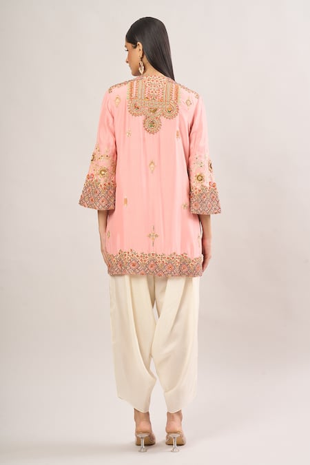 Shop Debyani + CO Pink Beads, Sequins, Embroidery Round Neck Floral Jaal Kurta Set at Aza Fashions Shop_Debyani + CO_Pink Beads, Sequins, Embroidery Round Neck Floral Jaal Kurta Set _at_Aza_Fashions