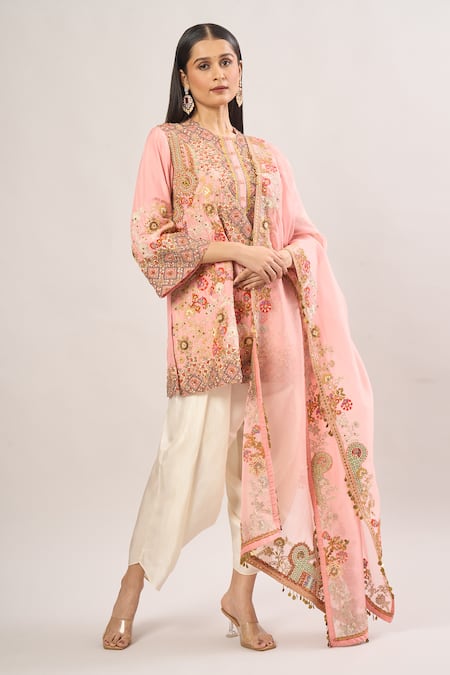 Debyani + Co Pink Beads, Sequins, Embroidery Round Neck Floral Jaal Kurta Set 