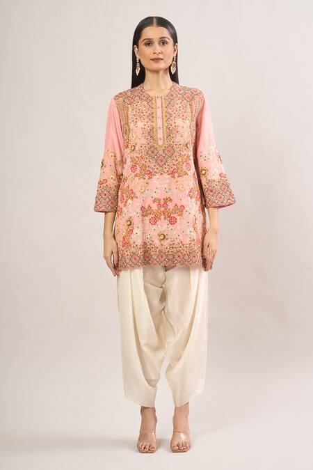 Debyani + CO Pink Beads, Sequins, Embroidery Round Neck Floral Jaal Kurta Set at Aza Fashions Debyani + CO_Pink Beads, Sequins, Embroidery Round Neck Floral Jaal Kurta Set _at_Aza_Fashions