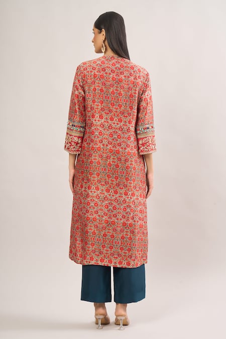 Shop_Debyani + CO_Red Beads, Sequins, Embroidery Open Neck Floral Thread Striped Kurta With Pant _at_Aza_Fashions