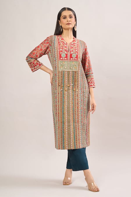Debyani + CO Floral Thread Embroidered Striped Kurta With Pant 
