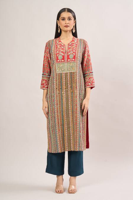 Debyani + CO_Red Beads, Sequins, Embroidery Open Neck Floral Thread Striped Kurta With Pant _Online_at_Aza_Fashions