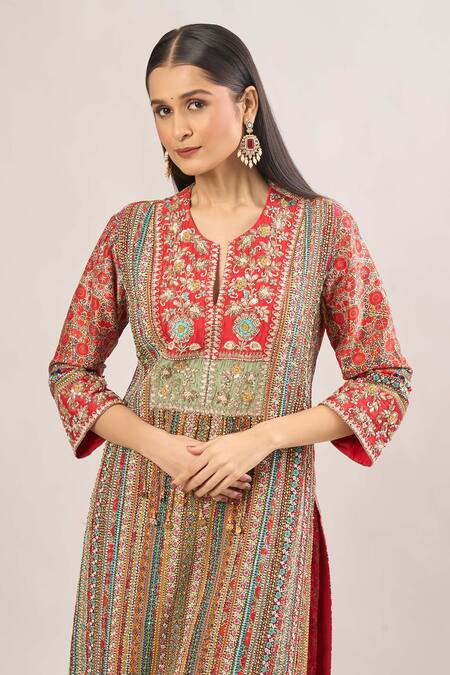 Buy_Debyani + CO_Red Beads, Sequins, Embroidery Open Neck Floral Thread Striped Kurta With Pant _Online_at_Aza_Fashions