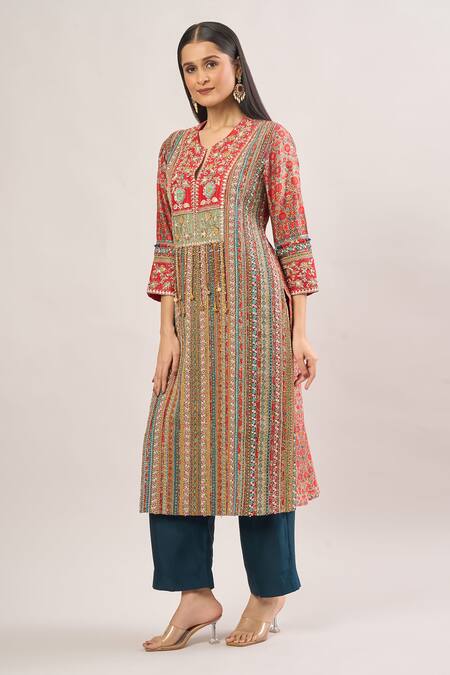 Shop_Debyani + CO_Red Beads, Sequins, Embroidery Open Neck Floral Thread Striped Kurta With Pant _Online_at_Aza_Fashions