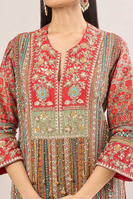 Debyani + CO_Red Beads, Sequins, Embroidery Open Neck Floral Thread Striped Kurta With Pant _at_Aza_Fashions