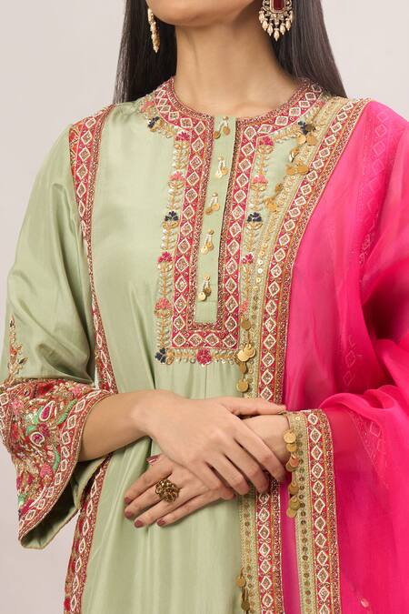 Debyani + CO Green Beads, Embroidery, Sequins Round Neck Sahina Kurta Salwar Set With Dupatta at Aza Fashions Debyani + CO_Green Beads, Embroidery, Sequins Round Neck Sahina Kurta Salwar Set With Dupatta _at_Aza_Fashions