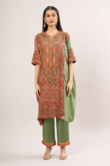 Debyani + CO Green Sequins, Gota Patti, Embroidery Mehraab Applique Kaftan And Salwar Set Online at Aza Fashions Debyani + CO_Green Sequins, Gota Patti, Embroidery Mehraab Applique Kaftan And Salwar Set _Online_at_Aza_Fashions