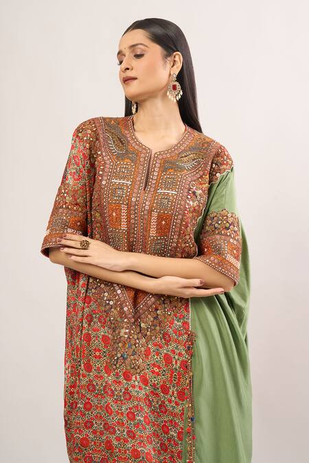 Shop Debyani + CO Green Sequins, Gota Patti, Embroidery Mehraab Applique Kaftan And Salwar Set Online at Aza Fashions Shop_Debyani + CO_Green Sequins, Gota Patti, Embroidery Mehraab Applique Kaftan And Salwar Set _Online_at_Aza_Fashions