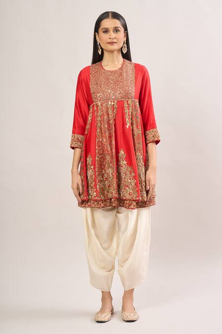 Debyani + CO Red Sequins, Beads Round Neck Floral Embroidered Sapna Peplum Kurta And Dhoti Pant Online at Aza Fashions Debyani + CO_Red Sequins, Beads Round Neck Floral Embroidered Sapna Peplum Kurta And Dhoti Pant _Online_at_Aza_Fashions
